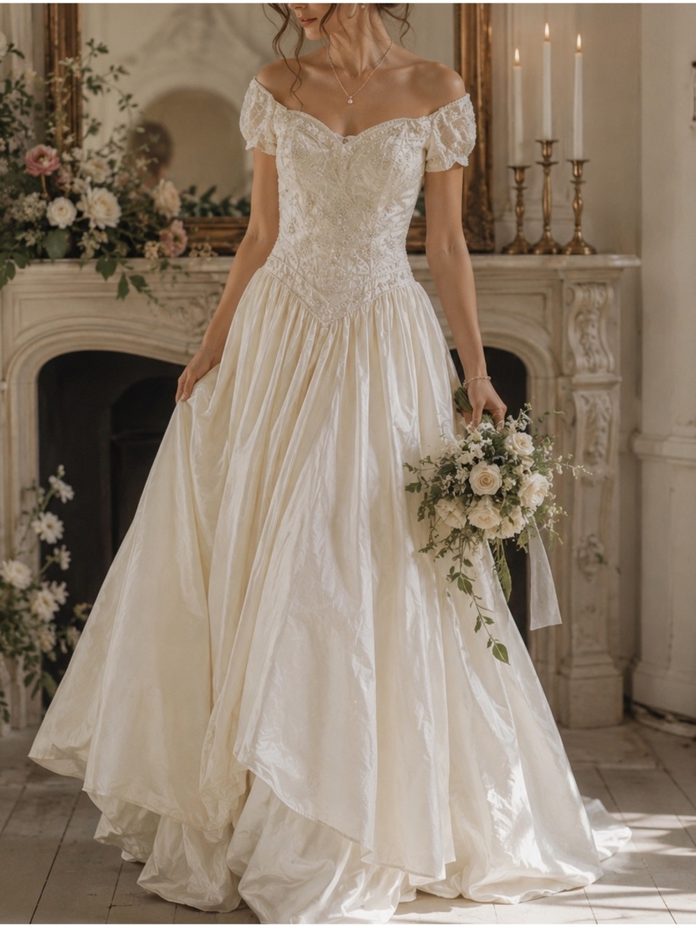 Vintage 90s CHRISTOS Ivory White Silk Wedding Gown Dress